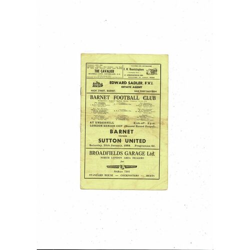 1963/64 Barnet v Sutton United London Senior Cup Football Programme
