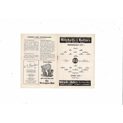 1954/55 Birmingham City v Stoke City Football Programme