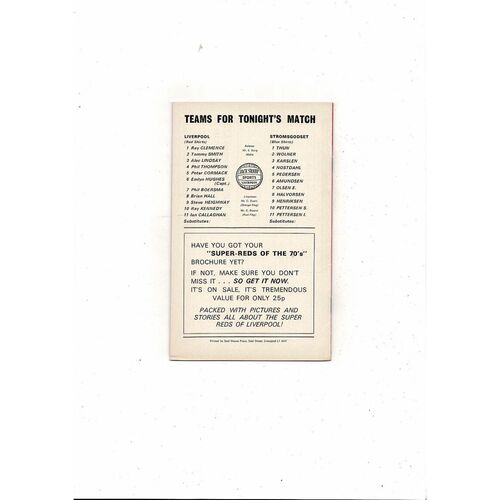 Liverpool v Stromsgodset European Cup Winners Cup Football Programme 1974/75 + League Review