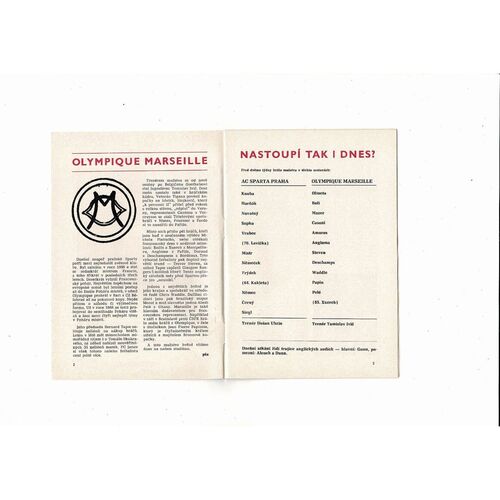 Sparta Prague v Olympique Marseille European Cup Football Programme 1991/92