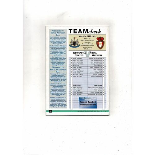Newcastle United v Royal Antwerp UEFA Cup Football Programme 1994/95