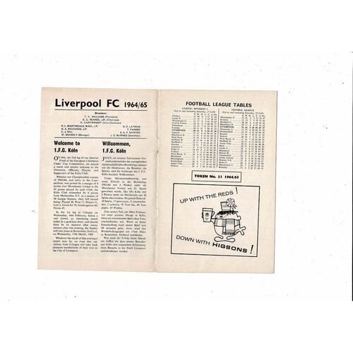 Liverpool v Koln European Cup Football Programme 3rd March 1964/65 Postponed