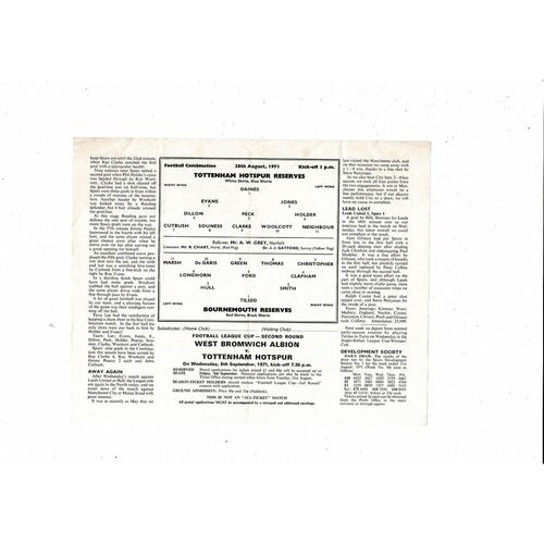 Tottenham Hotspur v Bournemouth Football Combination Programme 1971/72