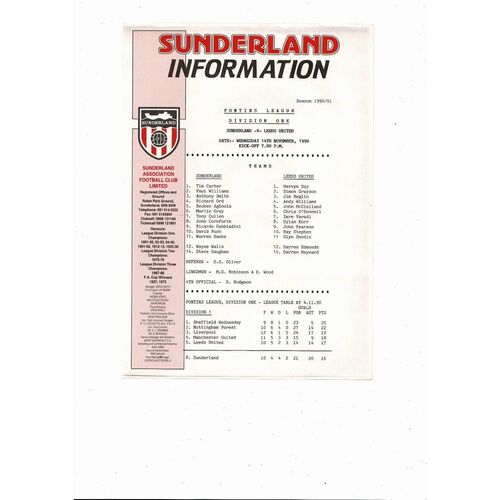 Sunderland v Leeds United Reserves Pontins League Football Programme 1990/91