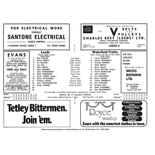 1978/79 Leeds v Wakefield Trinity (26/12/1978) Rugby League Programme