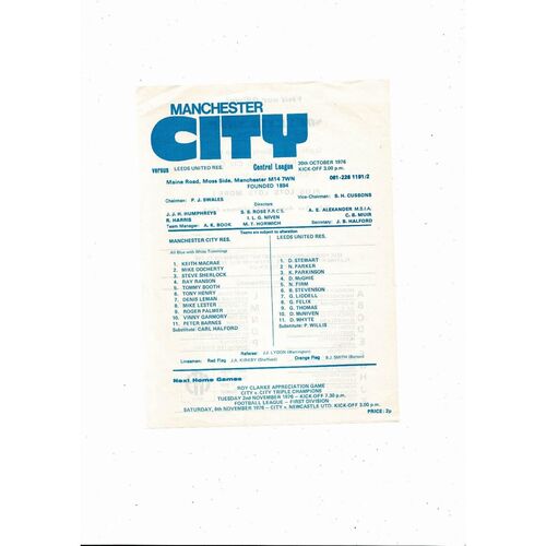 Manchester City v Leeds United Central League Football Programme 1976/77