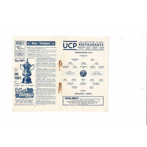 1952/53 Manchester City v Swindon Town FA Cup Football Programme
