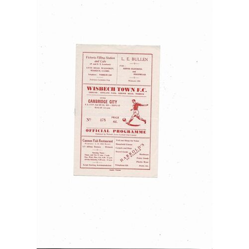 Wisbech Town v Cambridge City FA Cup Football Programme 1965/66