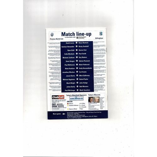 Preston v Gillingham Play Off Football Programme 1998/99