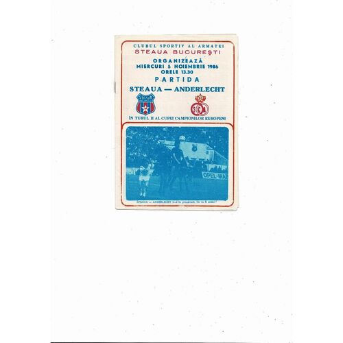 Steaua Bucharest v Anderlecht European Cup Football Programme 1986/87