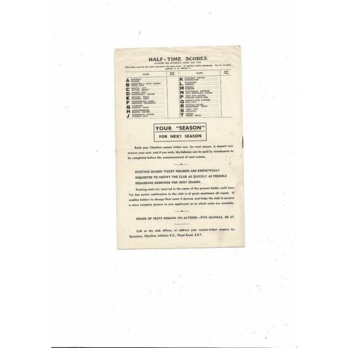 1958/59 Charlton Athletic v Derby County Football Programme