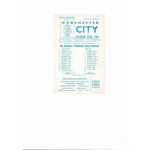 Manchester City v Manchester United Central League Football Programme 1968/69