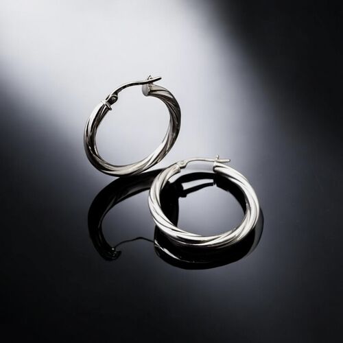 Mid size 9ct white gold twisted creole hoop earrings 