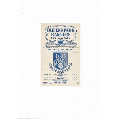 1954/55 Queens Park Rangers v Walthamstow Avenue FA Cup Football Programme