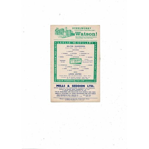 1958/59 Bolton Wanderers v Leeds United Football Programme
