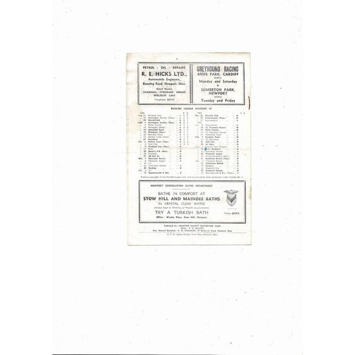 1958/59 Newport County v Bradford City Football Programme