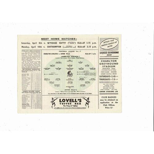 1949/50 Charlton Athletic v Aston Villa Football Programme