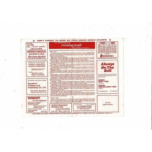 1971/72 Brentford v Bury Football Programme + Team sheet