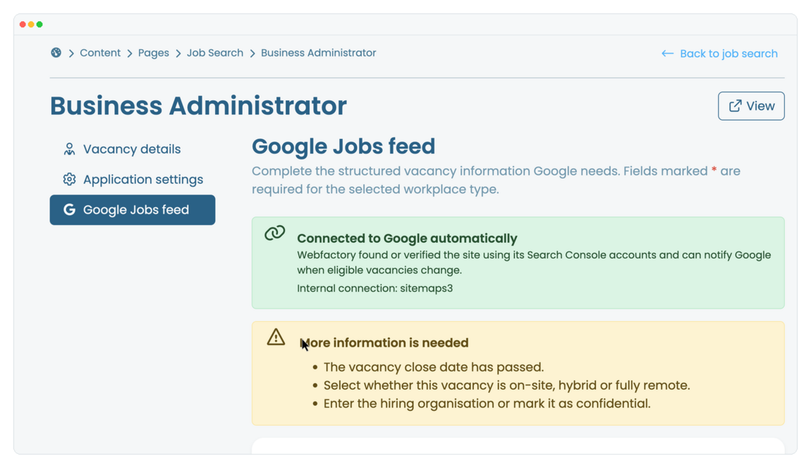 How to exclude a vacancy from Google Jobs? | Webfactory Support | Webfactory