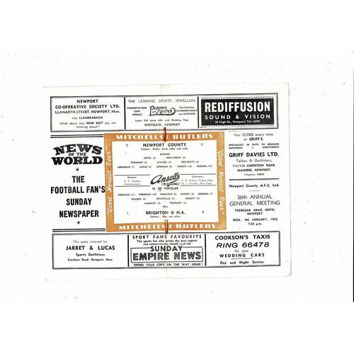 1955/56 Newport County v Brighton Football Programme