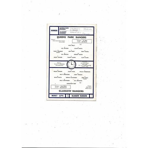 Queens Park Rangers v Rangers Friendly Football Programme. 1969/70 Autographed