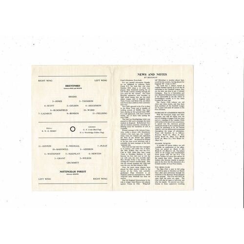 Brentford v Nottingham Forest Public Trial Match Football Programme 1964/65
