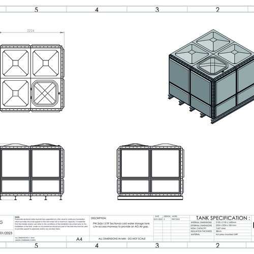PW.2X2X1.5TIF.AG - 7627 LITRE SECTIONAL WATER TANK, TOTALLY INTERNALLY FLANGED (TIF)