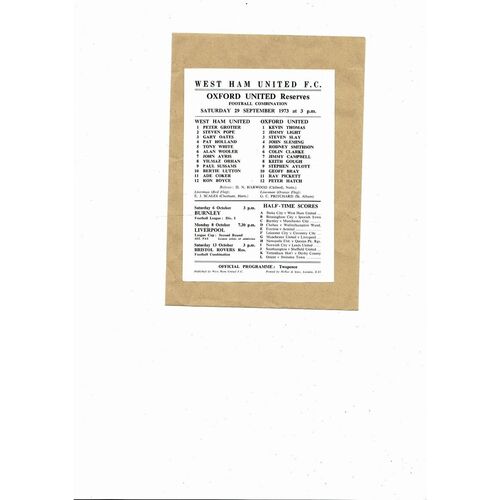 West Ham United v Oxford United Football Combination Programme 1973/74