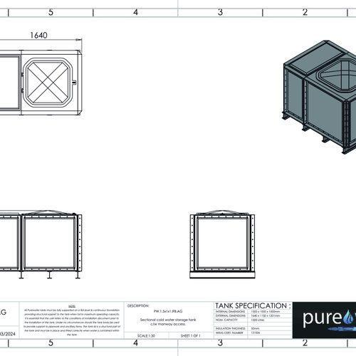PW.1.5X1X1.IFB.AG - 1500 LITRE SECTIONAL WATER TANK, INTERNALLY FLANGED BASE (IFB)