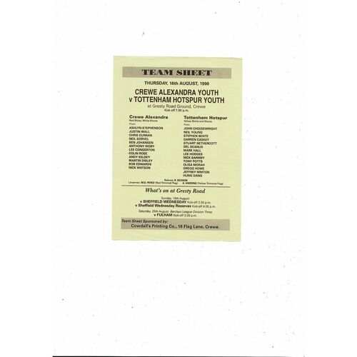 Crewe Alexandra v Tottenham Hotspur Youth Team Sheet 1990/91