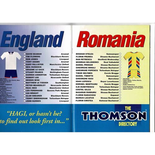 1994 England v Romania Football Programme