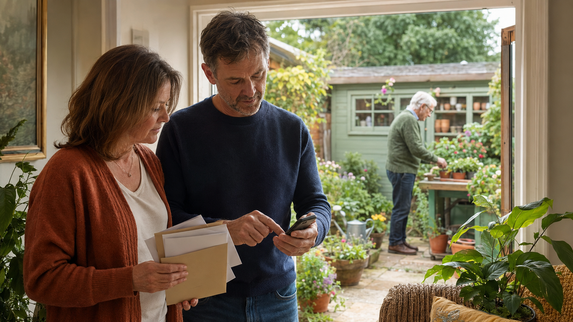 Adult daughter and son review post and a phone together while their older father tends plants in his garden.