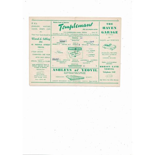 1955/56 Yeovil Town v Kidderminster Southern League Football Programme
