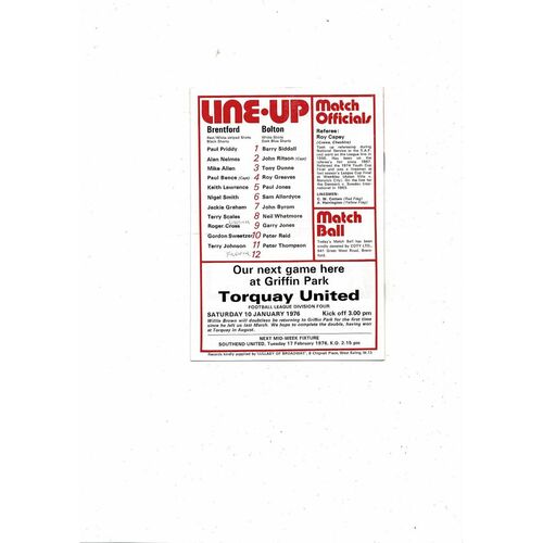 1975/76 Brentford v Bolton Wanderers FA Cup Football Programme