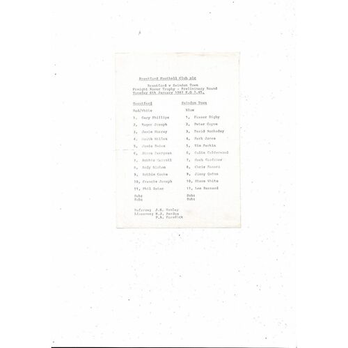 1986/87 Brentford v Swindon Town Freight Rover Trophy Football Team Sheet