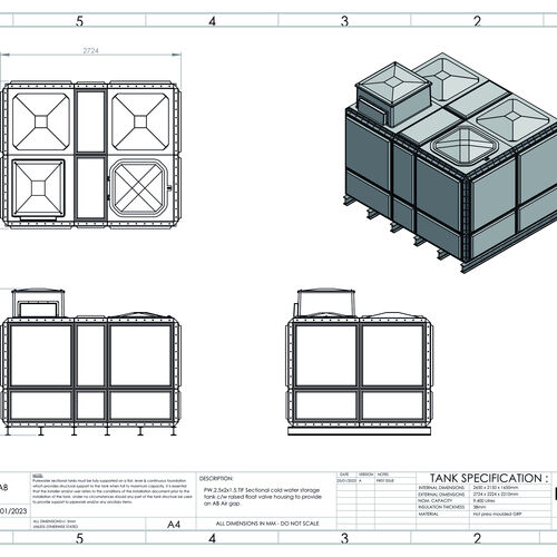 PW.2.5X2X1.5.TIF.AB - 9400 LITRE SECTIONAL WATER TANK, TOTALLY INTERNALLY FLANGED (TIF) C/W FVH