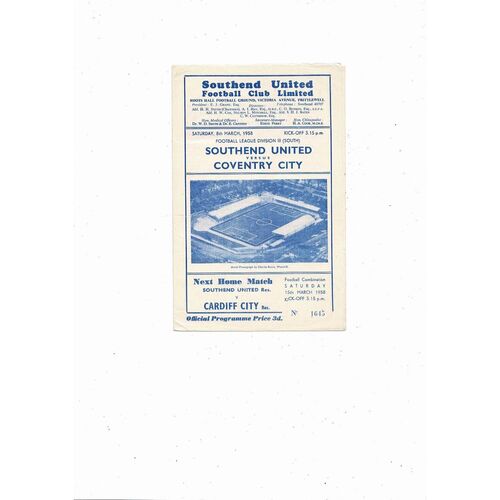 1957/58 Southend United v Coventry City Football Programme