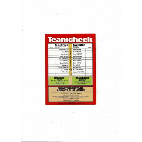 1981/82 Brentford v Swindon Town Football Programme