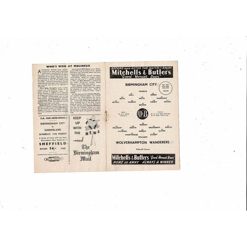 1955/56 Birmingham City v Wolves Football Programme