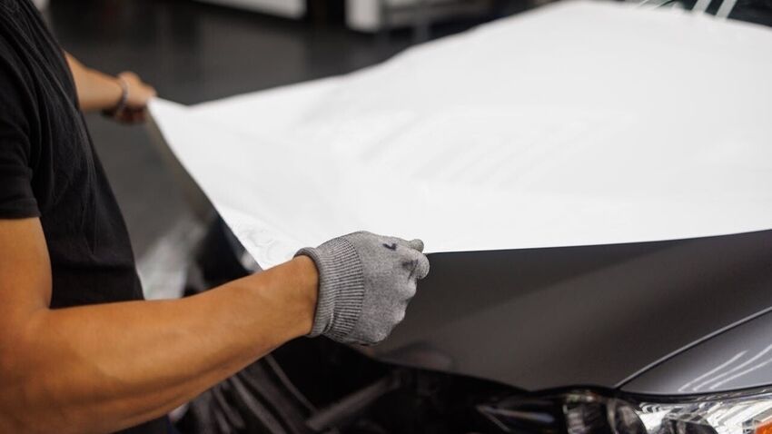 Vehicle wrap installer with sheet of white vinyl on car