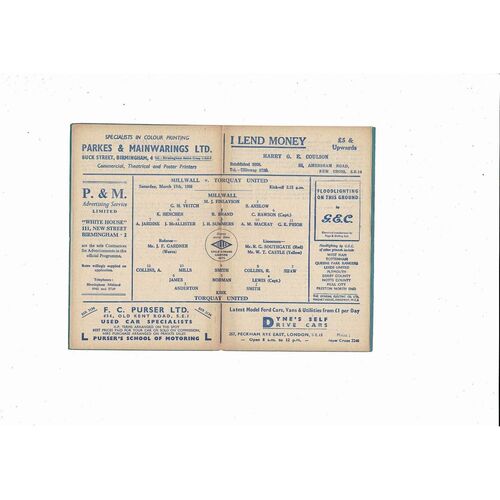 1955/56 Millwall v Torquay United Football Programme