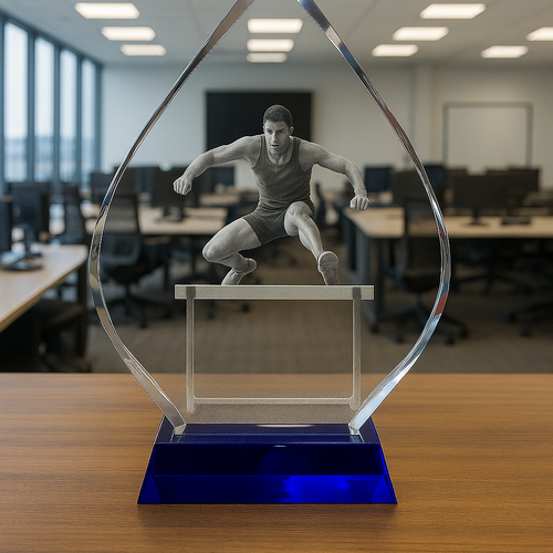 The Mega Plus 250mm Tall, Blue Base, Presentation Crystal/Trophy
