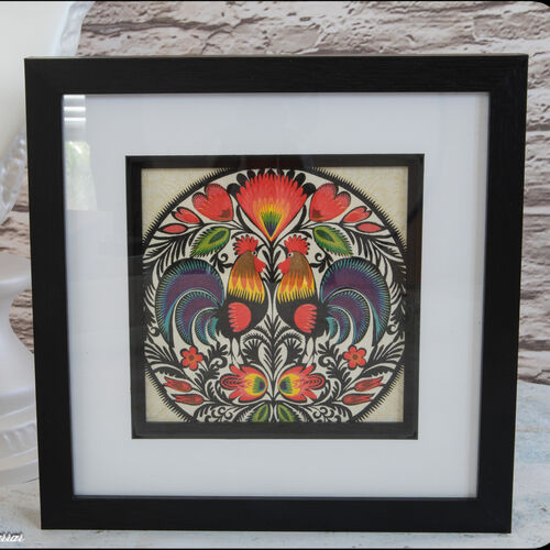 Vibrant Decoupaged Cockerels Wall Art – Black Edged Frame