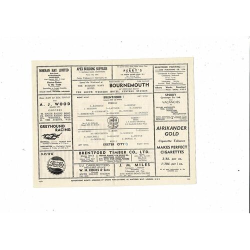 1954/55 Brentford v Exeter City Football Programme