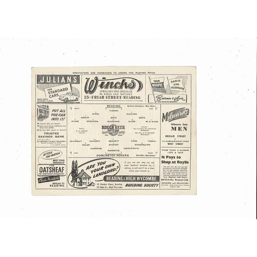 1949/50 Reading v Doncaster Rovers FA Cup Football Programme