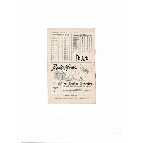 1958/59 Queens Park Rangers v Brentford Football Programme