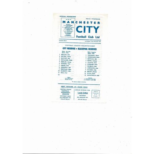 Manchester City v Blackpool Central League Football Programme 1970/71