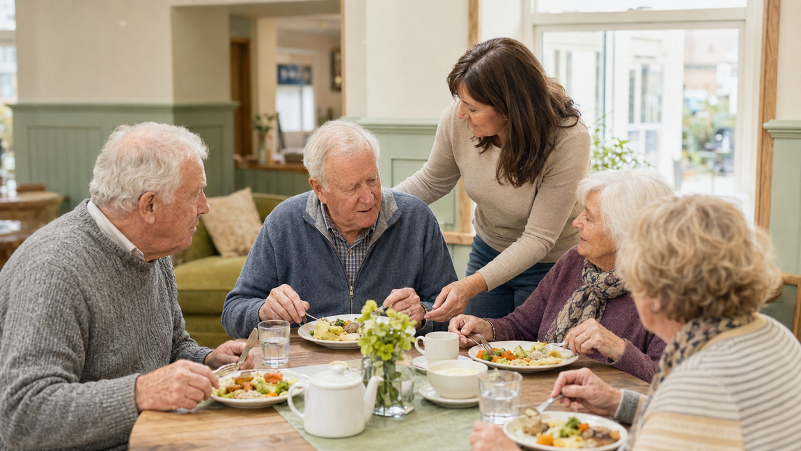 Guests enjoying a hot lunch together while receiving discreet support from a team member at Your Care Dementia Day Club.