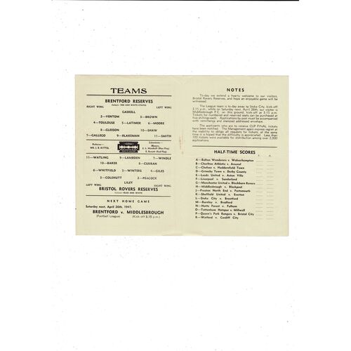 Brentford v Bristol Rovers Football Combination Programme 1946/47