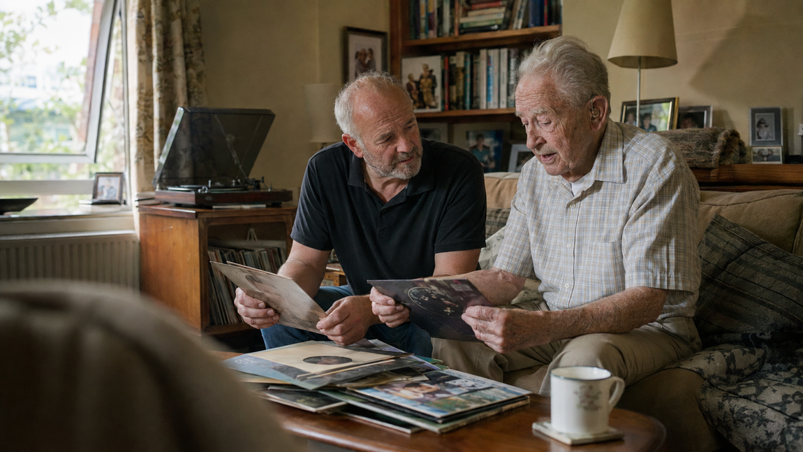 Older gentleman and his plain-clothed Personal Assistant looking through vinyl records together at home.